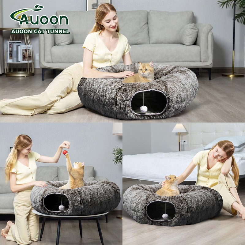 AUOON Cute Cat Donut Tunnel - Round Cat Tunnel Bed with Washable Cushion Interactive Cat Toy for Indoor Cats Kitten Kitty Puppy Rabbit Ferret (Pink) - Image 2